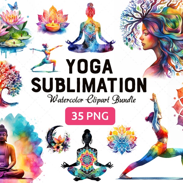 Yoga Healing Acuarela Clipart Mega Bundle, Sublimación de Chakra PNG, Diseños de logotipos Holísticos Zen Mindfulness, Uso comercial, Descarga instantánea