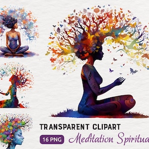 Spiritual Woman Meditation Transparent Clipart PNG Bundle, Awakening, Tree of life hair, Boho Yoga Mindfulness, Commercial use, Digital file