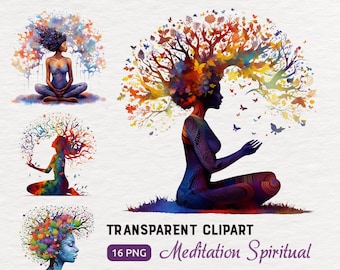 Paquete de imágenes prediseñadas PNG transparentes de meditación de mujer espiritual, despertar, árbol de la vida, cabello, atención plena de yoga boho, uso comercial, archivo digital