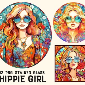 12 Hippie Girl Gebrandschilderd glas illustraties Clipart, Hippie Woman PNG graphics, Boho Art, Sublimatie png, Commercieel gebruik, Instant download