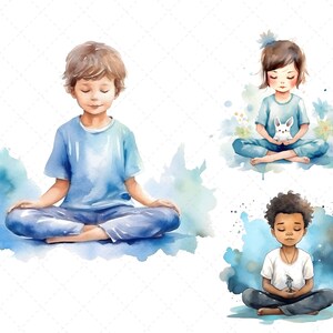 Puede incluir: Tres ilustraciones de acuarela de ni&ntilde;os meditando. El primer ni&ntilde;o lleva una camisa azul y est&aacute; sentado en posici&oacute;n de loto. El segundo ni&ntilde;o lleva una camisa azul y sostiene un conejo blanco. El tercer ni&ntilde;o lleva una camisa blanca y sostiene un p&aacute;jaro peque&ntilde;o.