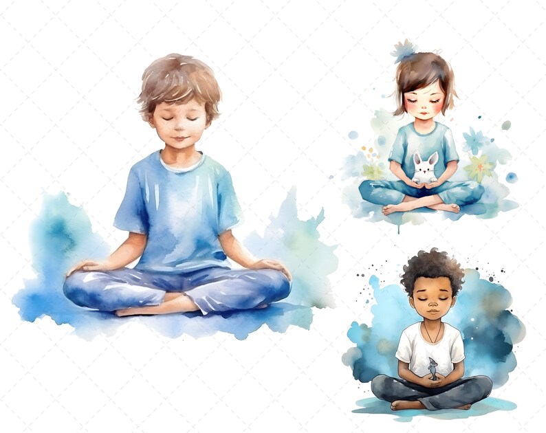 Puede incluir: Tres ilustraciones de acuarela de ni&ntilde;os meditando. El primer ni&ntilde;o lleva una camisa azul y est&aacute; sentado en posici&oacute;n de loto. El segundo ni&ntilde;o lleva una camisa azul y sostiene un conejo blanco. El tercer ni&ntilde;o lleva una camisa blanca y sostiene un p&aacute;jaro peque&ntilde;o.