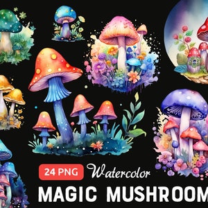 24 cliparts aquarelle champignons magiques, lot d'art clip champignon, champignon mystique png, clipart psychédélique, champignons vénéneux, téléchargement numérique
