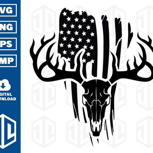 Distressed American Flag Deer Skull Vector/ Hunting Clipart/ SVG|EPS|PNG File/ Nature Vector/ Printable Digital File/ Cricut|Canva|Glowforge