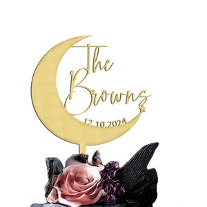 Personalized Crescent Moon Wedding Cake Topper, Custom Celestial Cake Topper for Weddings, Country cake topper, Name and date cake topper