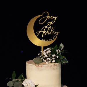 Personalized Crescent Moon Wedding Cake Topper, Custom Celestial Cake Topper for Weddings, Country cake topper, Name and date cake topper