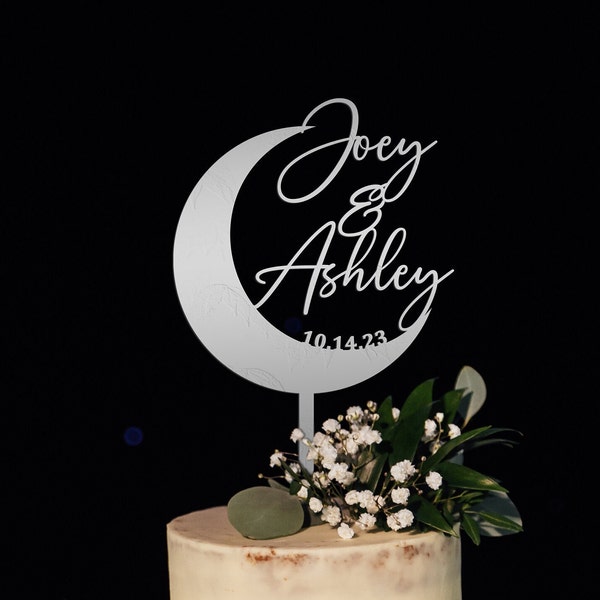 Personalized Crescent Moon Wedding Cake Topper, Custom Celestial Cake Topper for Weddings, Country cake topper, Name and date cake topper