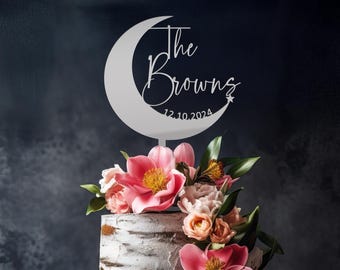 Personalized Crescent Moon Wedding Cake Topper, Custom Celestial Cake Topper for Weddings, Country cake topper, Name and date cake topper