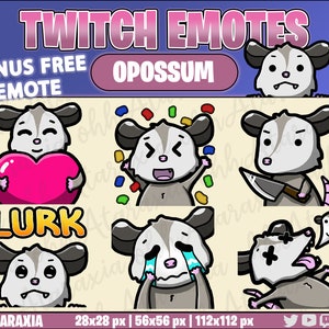 May include: A set of Twitch emotes featuring a cartoon possum in various expressions, including happy, sad, angry, and surprised. The emotes are available in three sizes: 28x28 pixels, 56x56 pixels, and 112x112 pixels. The text "BONUS FREE EMOTE" and "LURK" are also included in the image.