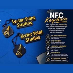 May include: Two black square NFC keychains with a yellow pyramid graphic and a black ball chain. The text reads: Vector Point Studios, NFC Keychain, Each keychain has one NFC tag on it. ON THE GO NETWORKING, EASY PAYMENTS, COMPACT & CONVENIENT, CUSTOM ICON, TAP. CONNECT. GET PAID.