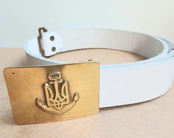 Cinturón de cuero blanco con hebilla de la Armada ucraniana, tridente y ancla. Nuevo. Cinturón de cuero para hombre. Hebilla de latón.