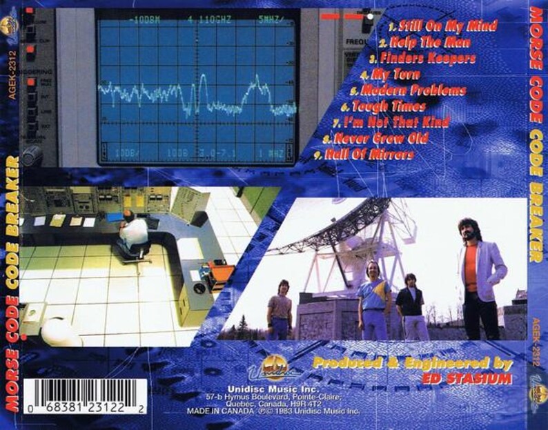 May include: CD cover for "Morse Code Breaker" by Ed Stadium. The cover features a blue background with a waveform display, a control room scene, and a photo of the band. The tracklist is also visible.