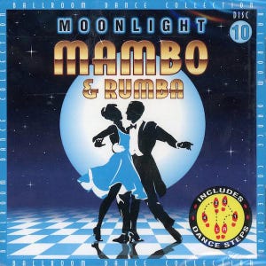 May include: A CD case from the Ballroom Dance Collection features the words "Moonlight Mambo & Rumba." The cover art shows a couple dancing in silhouette against a blue background with a large white moon. Includes dance steps.