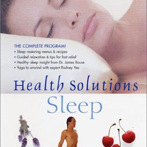 May include: DVD cover for "Health Solutions Sleep" by Gaiam. The cover features a person sleeping, with text including "Sleep" and "Deluxe DVD Edition." Additional elements include lavender, a person in a yoga pose, and cherries.
