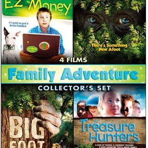 May include: A multi-film DVD set featuring family adventure movies. The collection includes "EZ Money," "Little Bigfoot 2," "Bigfoot: The Unforgettable Encounter," and "Treasure Hunters." The covers display colorful graphics and text.