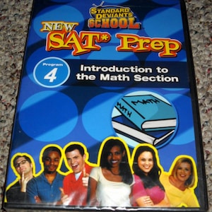 May include: DVD case for "New SAT Prep" program 4, "Introduction to the Math Section." The cover is blue with a graphic of a math book and a group of smiling people. The title is in yellow and orange.