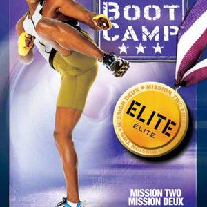 Puede incluir: Una carátula de DVD para "Billy's Boot Camp" con un hombre en ropa deportiva realizando una patada. La carátula incluye el texto "Billy's Boot Camp", "Mission Two" y "Elite". El hombre lleva vendas amarillas en las manos y pantalones cortos.