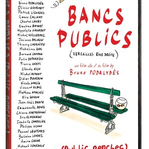 May include: DVD case for the film "Public Benches" with a green park bench illustration. The title is in red, with the director's name and cast list. The film's title is in French and English.
