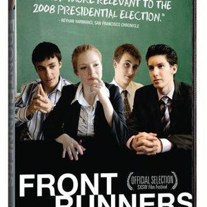 May include: DVD case for "Front Runners" with a green background and four people in the foreground. The title is in large white letters, with the tagline "It's Politics as Usual." A quote about the 2008 election is at the top.