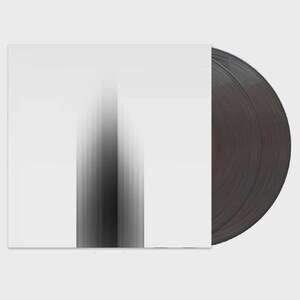 May include: A vinyl record album with a minimalist design. The album cover is white with a vertical gradient of black and gray lines. The exposed vinyl records are dark gray.