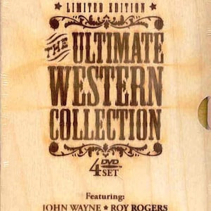 Puede incluir: Un set de DVD de madera titulado "The Ultimate Western Collection" con el texto "Edición Limitada". La portada presenta los nombres de John Wayne, Roy Rogers, Gene Autry y Jack Palance. El set incluye 4 DVD.