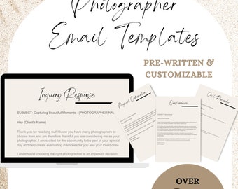 May include: A digital download of over 25 pre-written and customizable email templates for photographers. The templates include an inquiry response, payment confirmation, questionnaire, and call reminder.