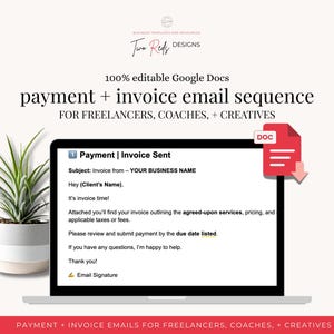 Peut inclure: Maquette numérique d'un écran d'ordinateur portable affichant un modèle d'e-mail de paiement et de facture. Le texte indique "Paiement | Facture envoyée" et comprend des champs pour le nom de l'entreprise et les informations du client. Une plante en pot est à gauche.