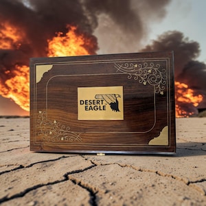 May include: A wooden box with a dark brown finish, gold accents, and the text "DESERT EAGLE" with an eagle logo on a gold plate. The box is rectangular with decorative corner pieces and ornate gold designs. The background shows a desert landscape with a fire.