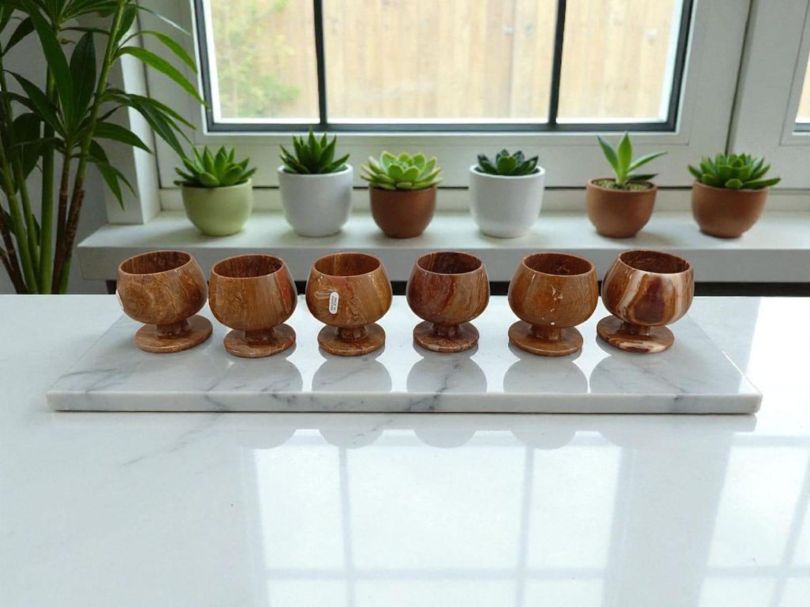 Set of 6 - 3x3in Brown Marble Goblets – Handcrafted Onyx Wine Glasses ...