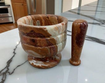 Green Onyx Mortar and Pestle 5x5 | 5lb Handcrafted Stone Grinder with Thick Brown Veins | Natural Kitchen & Home Décor