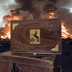 Può includere: Una scatola di legno con finitura a venature scure, angoli dorati e un emblema dorato con un cavallo rampante e la scritta "COLT". La scatola è appoggiata su una valigia vintage in pelle marrone, con uno sfondo infuocato.