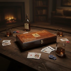 May include: A rectangular wooden box with a brass latch and a gold-colored inlay featuring a horse logo and the text Colt. The box is surrounded by playing cards, poker chips, and several glass tumblers filled with an amber-colored liquid.