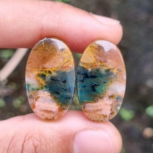 May include: Two oval-shaped gemstones with a mix of colors. The stones feature a blend of brown, gold, green, and blue hues. The gemstones have a polished, smooth surface and are held between fingers.