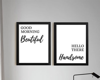 Good Morning Beautiful Hello There Handsome frames sign set, Bedroom sign, Farmhose decor