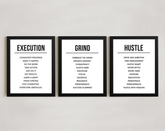 Motivational wall art - framed motivational office decor wall art - inspirational signs hustle grind execution- inspirational wall art