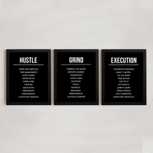 May include: Three black framed motivational posters with white text. The posters are titled "Hustle", "Grind", and "Execution". Each poster lists words and phrases related to the title, such as "drive and ambition", "embrace the grind", and "consistent progress".