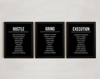 Motivational wall art - framed motivational office decor wall art - inspirational signs hustle grind execution- inspirational wall art