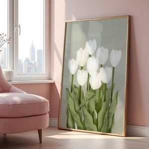 Original white tulips illustration - Minimalist botanical art, digital floral poster, modern home decor