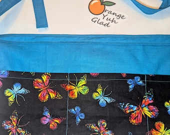 Półfartuch z nadrukiem motyli: niebieski bawełniany fartuch kelnerski z kieszeniami