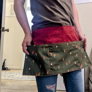 Whimsical Mushroom Foraging Half Apron with Pockets– Cottagecore Kitchen Apron– Handmade Forest Fairy Gathering Apron– Waitress Server Apron