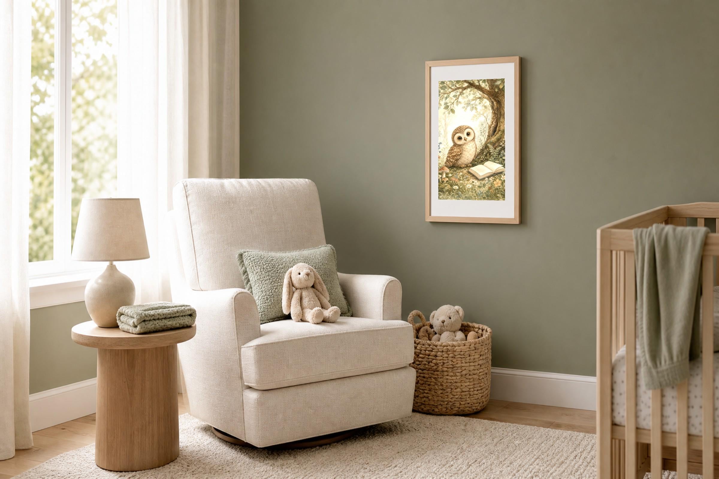 Woodland Owl Reading Print | Watercolor Nursery Wall Art (Digital Download)