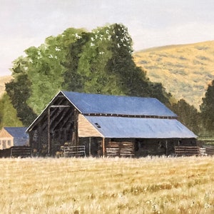 Oil painting of a rustic country barn. Beautifully framed, on stretched canvas.