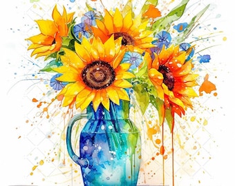 Sunflowers Watercolor in Vase Flowers Bundle Clipart, 10 High Quality JPGs, Flower in Vase Art, Bouquet of Flowers Printable Wall Art Decor