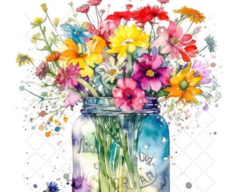 Vase of Daisies Flowers Bundle Clipart, 10 High Quality JPGs, Watercolor Flower in Vase Art, Bouquet of Flowers Printable Wall Art Decor