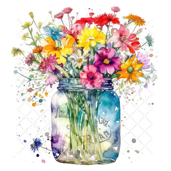 Vase mit Gänseblümchen Blumen Bundle Clipart, 10 hochwertige JPGs, Aquarell Blume in Vasenkunst, Blumenstrauß druckbare Wandkunst-Dekor