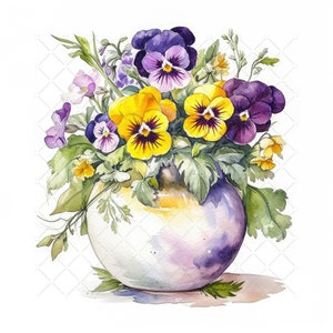 Vase of Pansies Flowers Bundle Clipart, 10 High Quality JPGs, Watercolor Flower in Vase Art, Bouquet of Flowers Printable Wall Art Decor