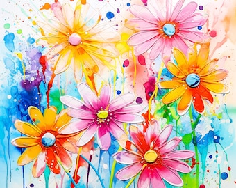 Watercolor Daisies Flower Bouquet Clipart, Printable Wall Art (Digital Download)