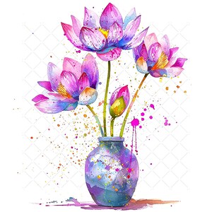 Fleurs de lotus violettes dans un vase des cliparts, 10 fichiers JPG de haute qualité, aquarelle fleurs, bouquet de fleurs imprimable Art mural