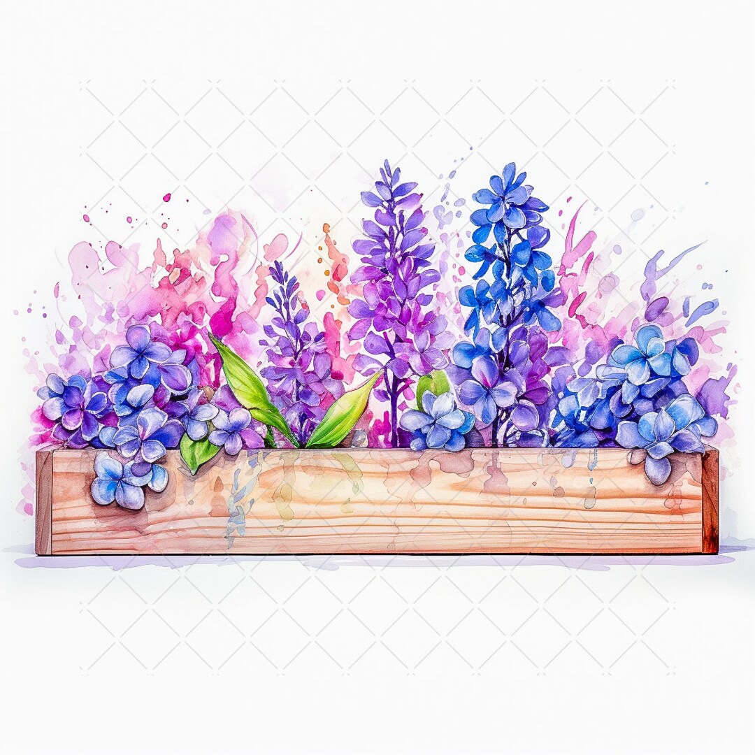 Watercolor Mixed Lilac Purple Flowers in Box Bundle Clipart, 10 High ...