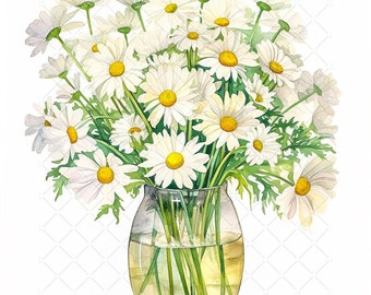 Vase of Daisies Flowers Bundle Clipart, 15 High Quality JPGs, Watercolor Flower in Vase Art, Bouquet of Flowers Printable Wall Art Decor -48
